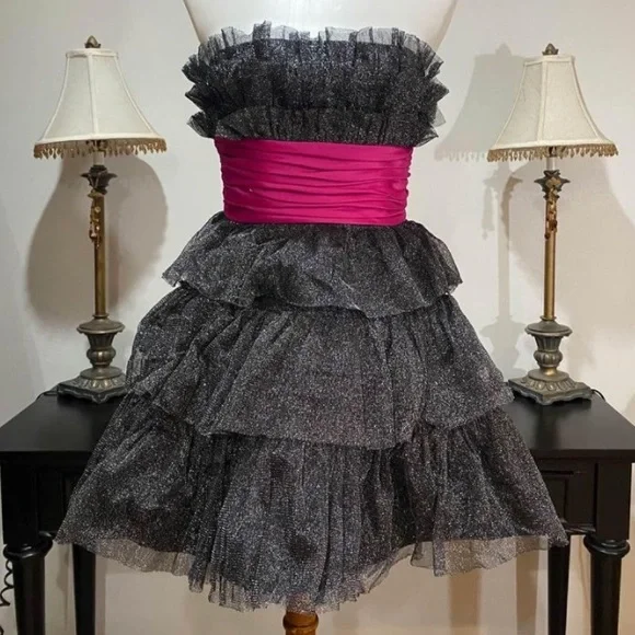 Vintage Betsey Johnson 90 2000 y2K ruffle glitter silk Full Tiered cupcake dress - Picture 4 of 17